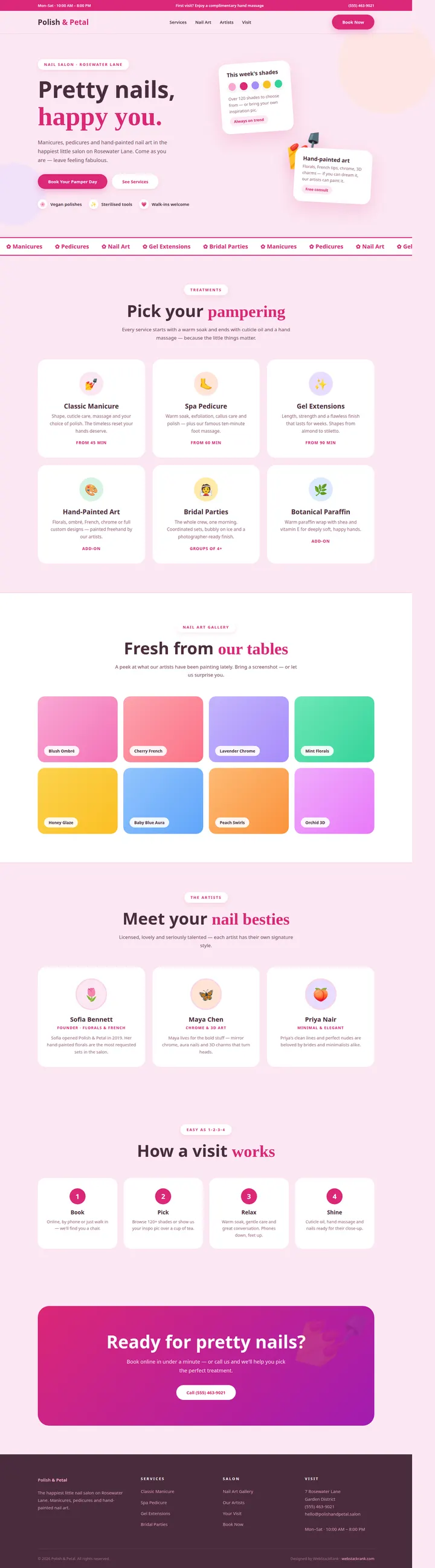 Polish & Petal website concept — full-page design, 1440×5188 px