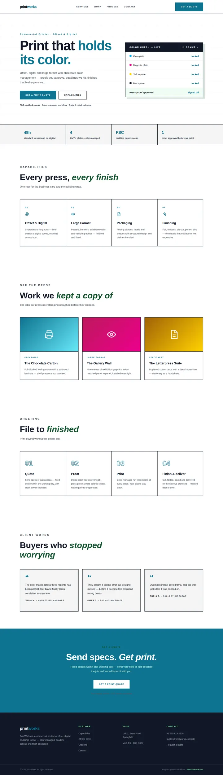 PrintWorks website concept — full-page design, 1440×5003 px