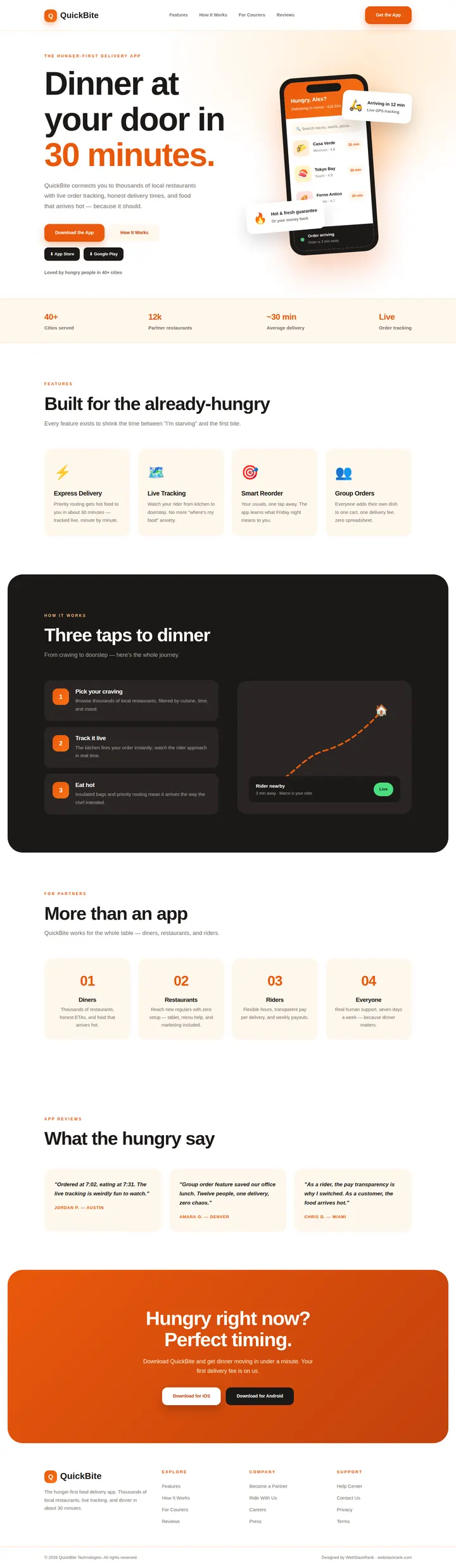 QuickBite website concept — full-page design, 1440×4949 px