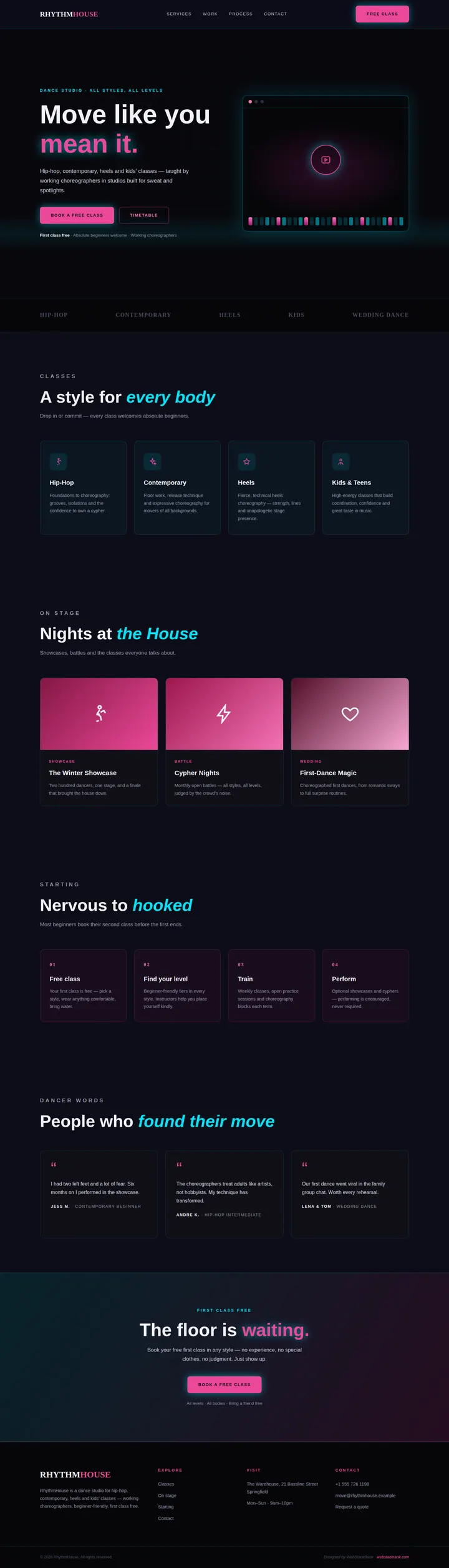 RhythmHouse website concept — full-page design, 1440×5023 px