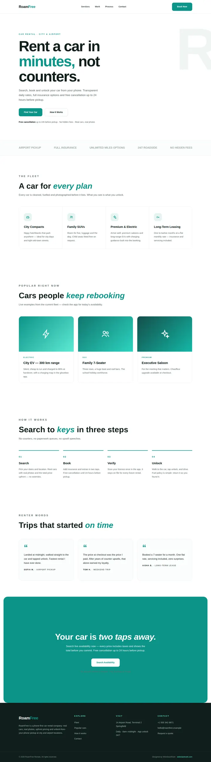 RoamFree Rentals website concept — full-page design, 1440×5190 px
