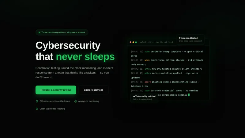 SafeShield — Cybersecurity Website concept, cover design