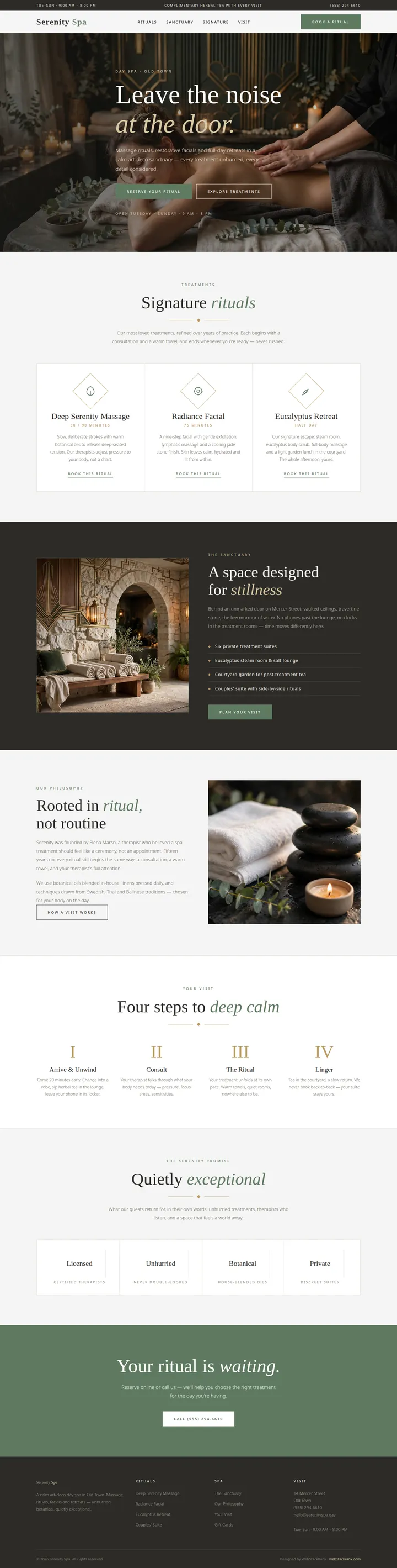 Serenity Spa website concept — full-page design, 1440×5677 px
