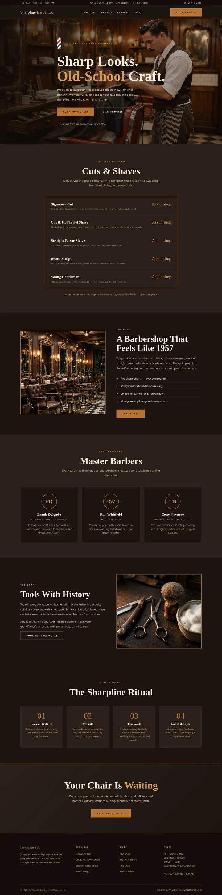 Sharpline Barber Co. website concept — full-page design, 1440×5795 px