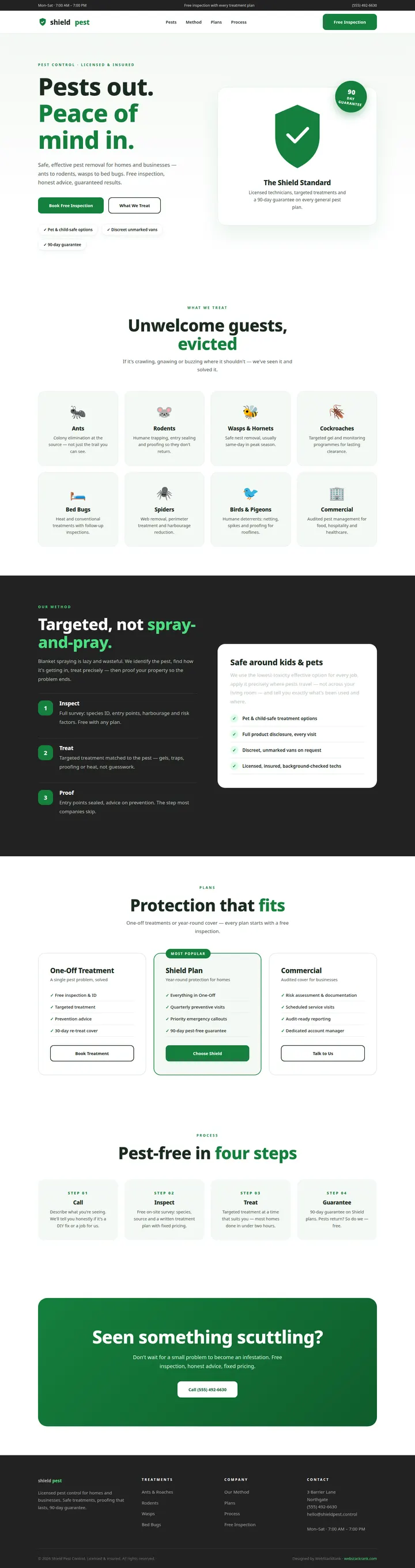 Shield Pest Control website concept — full-page design, 1440×5435 px