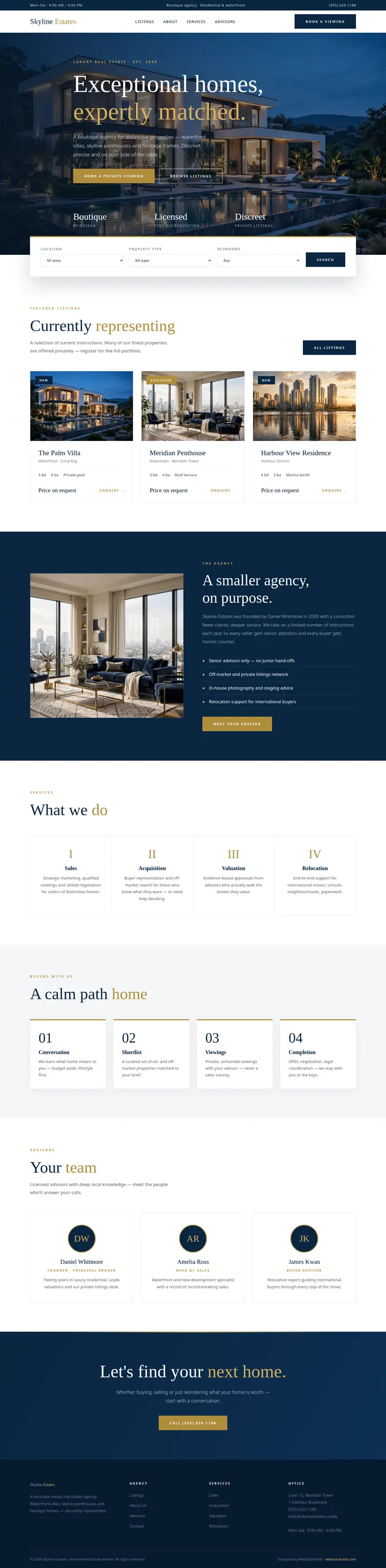 Skyline Estates website concept — full-page design, 1440×5846 px