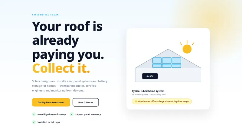Solara Energy — Solar Installation Website concept, cover design