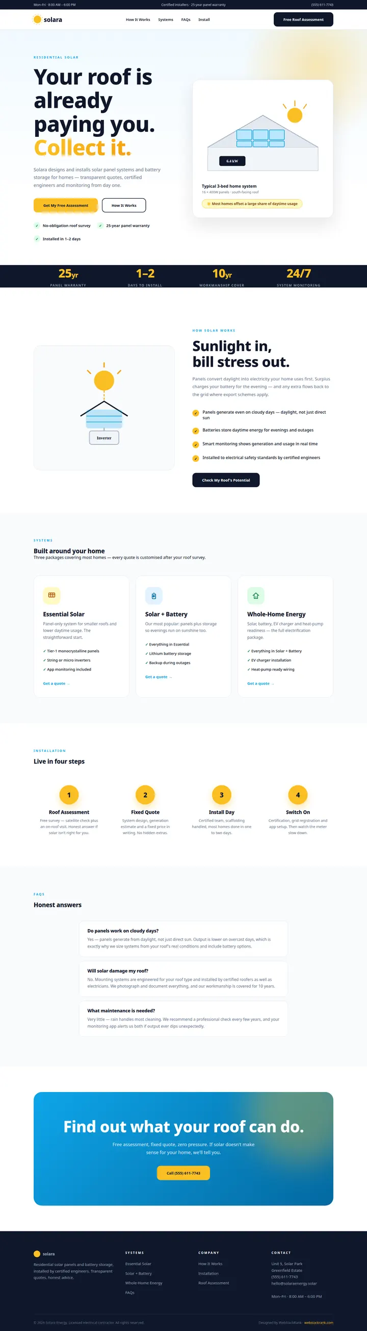Solara Energy website concept — full-page design, 1440×5213 px