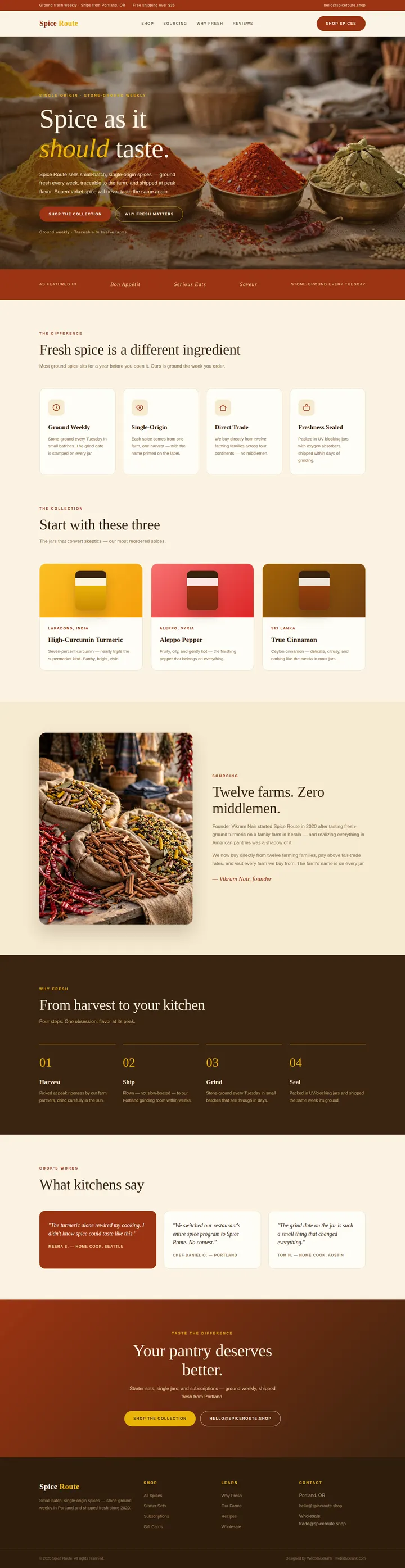 Spice Route website concept — full-page design, 1440×5579 px