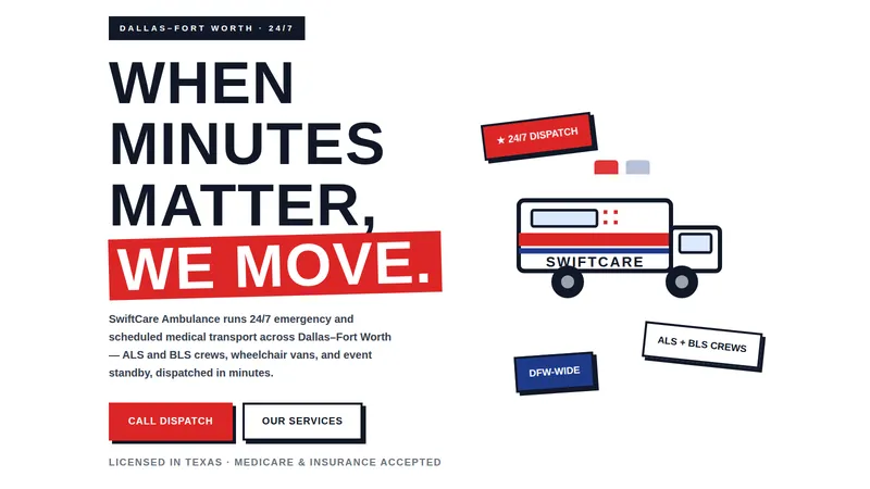 SwiftCare Ambulance — Medical Transport Website concept, cover design