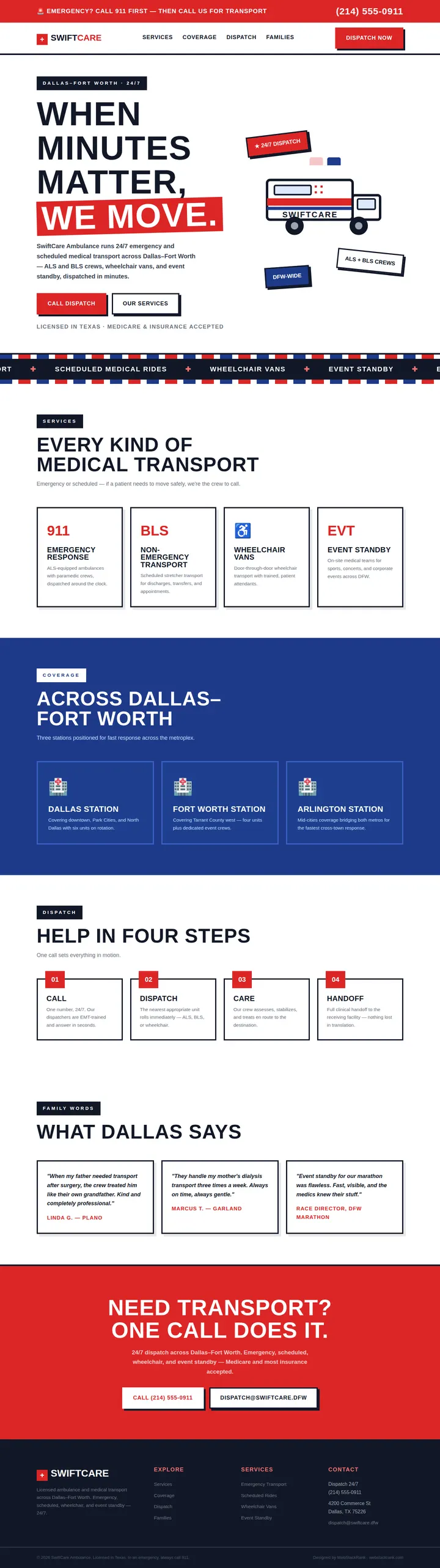 SwiftCare Ambulance website concept — full-page design, 1440×5130 px