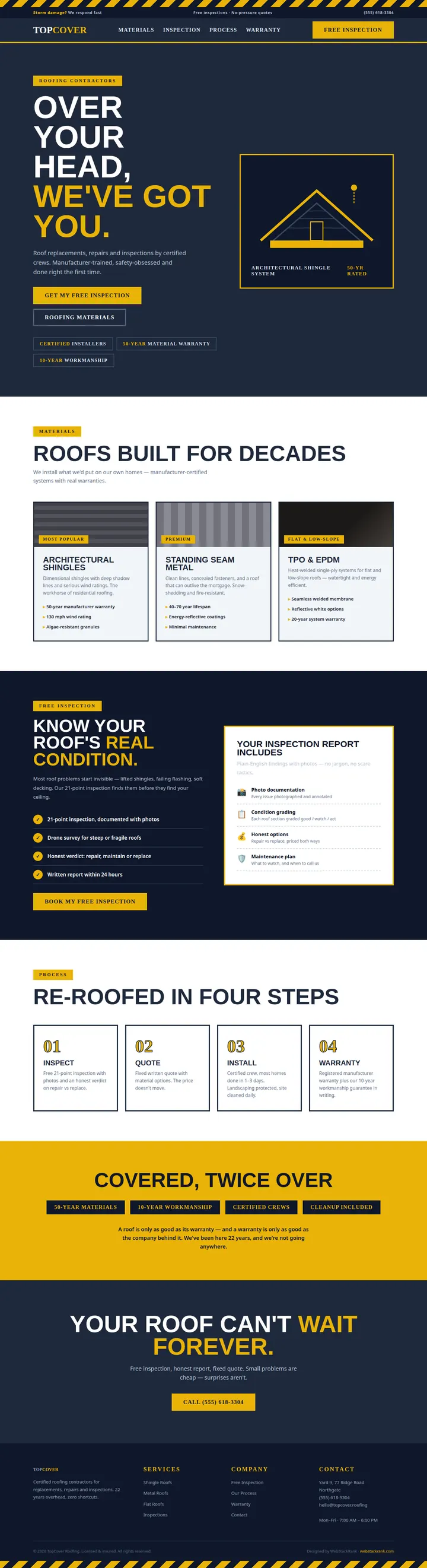 TopCover Roofing website concept — full-page design, 1440×5285 px