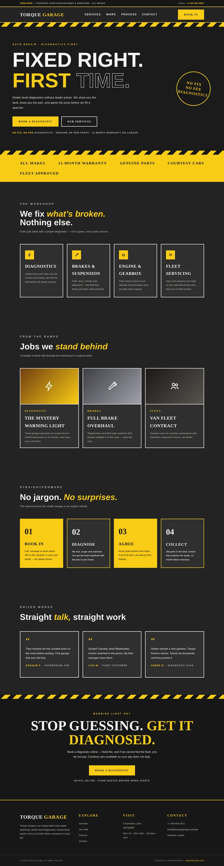 Torque Garage website concept — full-page design, 1440×5548 px
