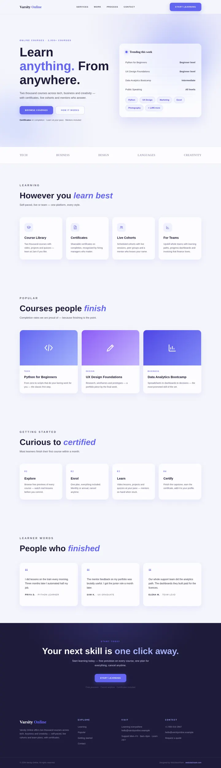 Varsity Online website concept — full-page design, 1440×4995 px