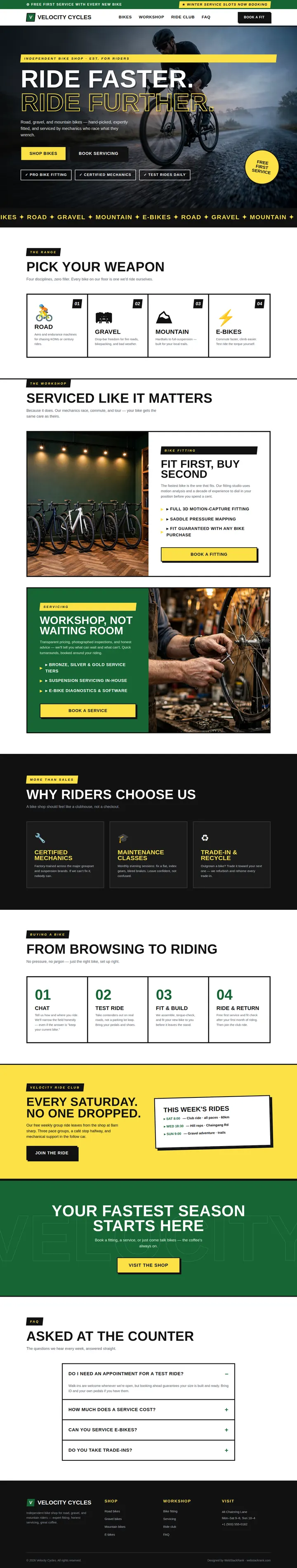 Velocity Cycles website concept — full-page design, 1440×7604 px