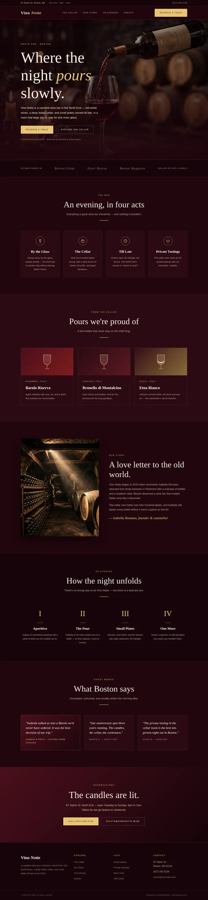 Vino Notte website concept — full-page design, 1440×6222 px