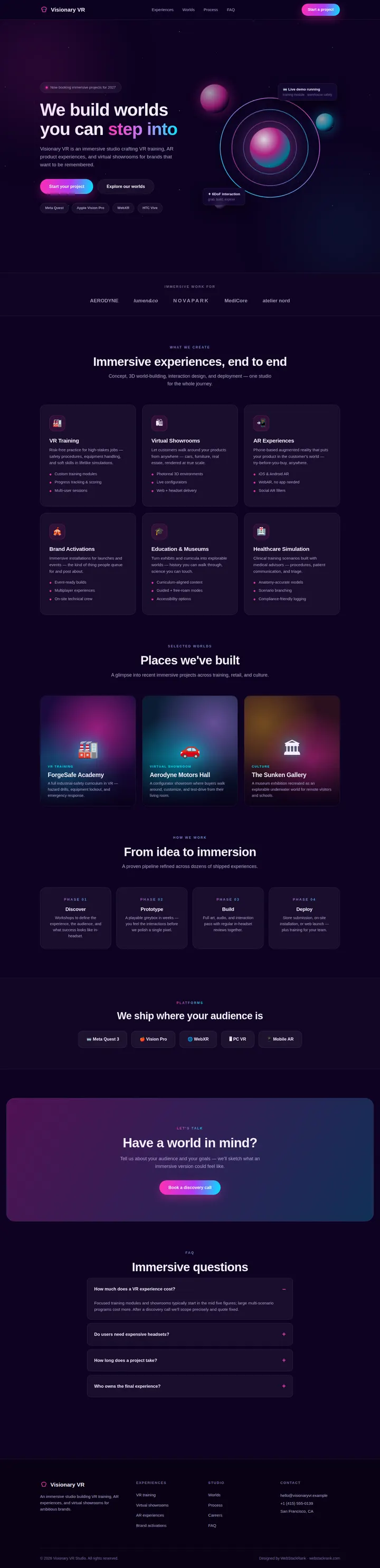 Visionary VR website concept — full-page design, 1440×5949 px