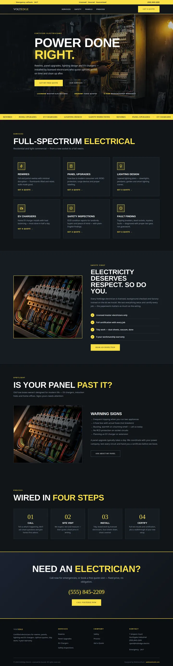 VoltEdge Electric website concept — full-page design, 1440×5520 px
