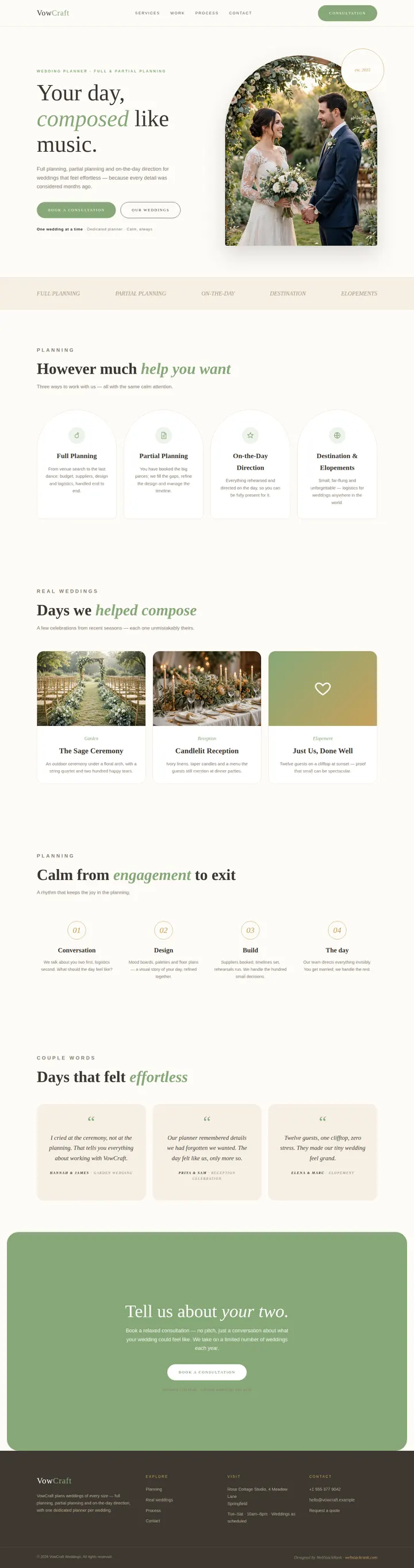 VowCraft Weddings website concept — full-page design, 1440×5456 px