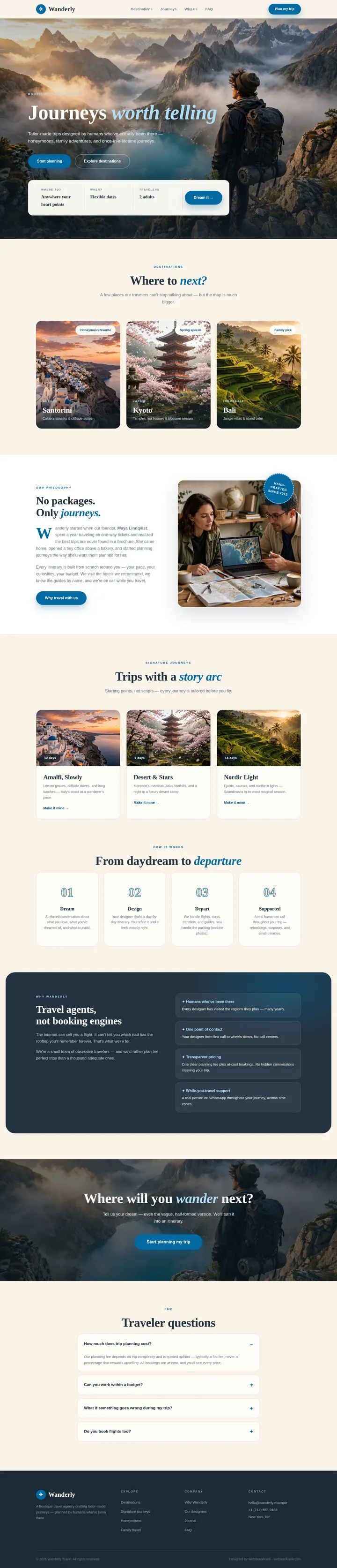 Wanderly website concept — full-page design, 1440×6688 px