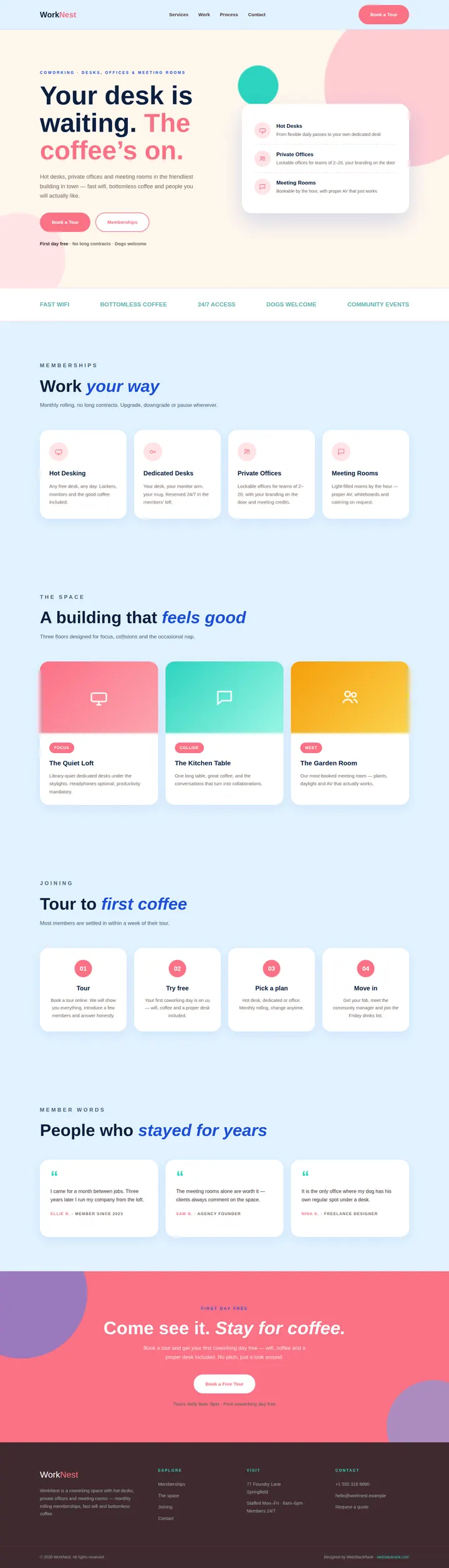 WorkNest website concept — full-page design, 1440×5030 px