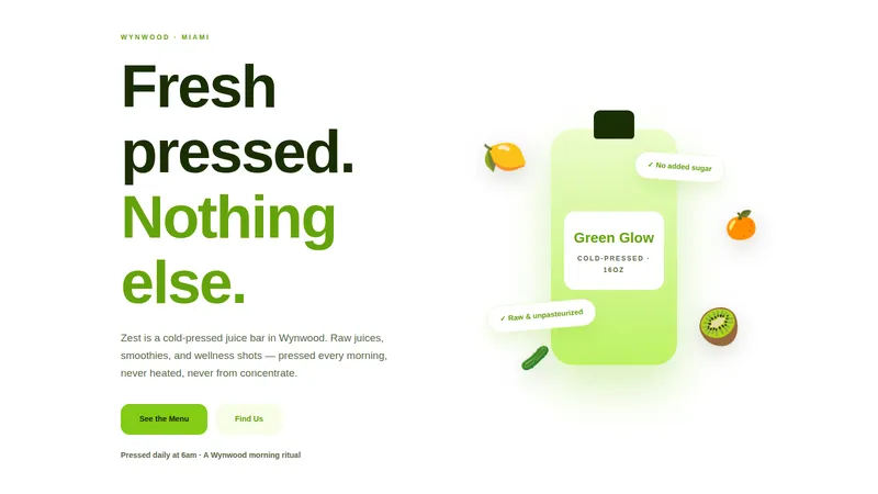 Zest Juice Bar — Cold-Pressed Juice Website concept, cover design