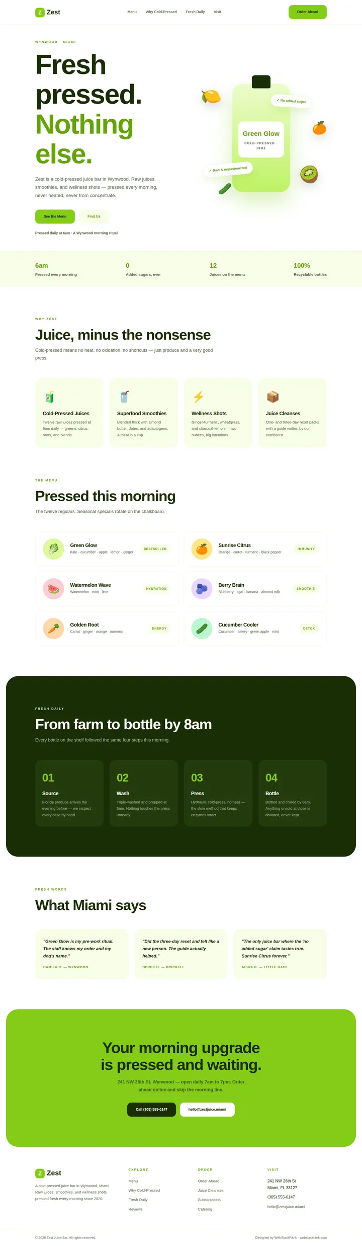 Zest Juice Bar website concept — full-page design, 1440×4952 px