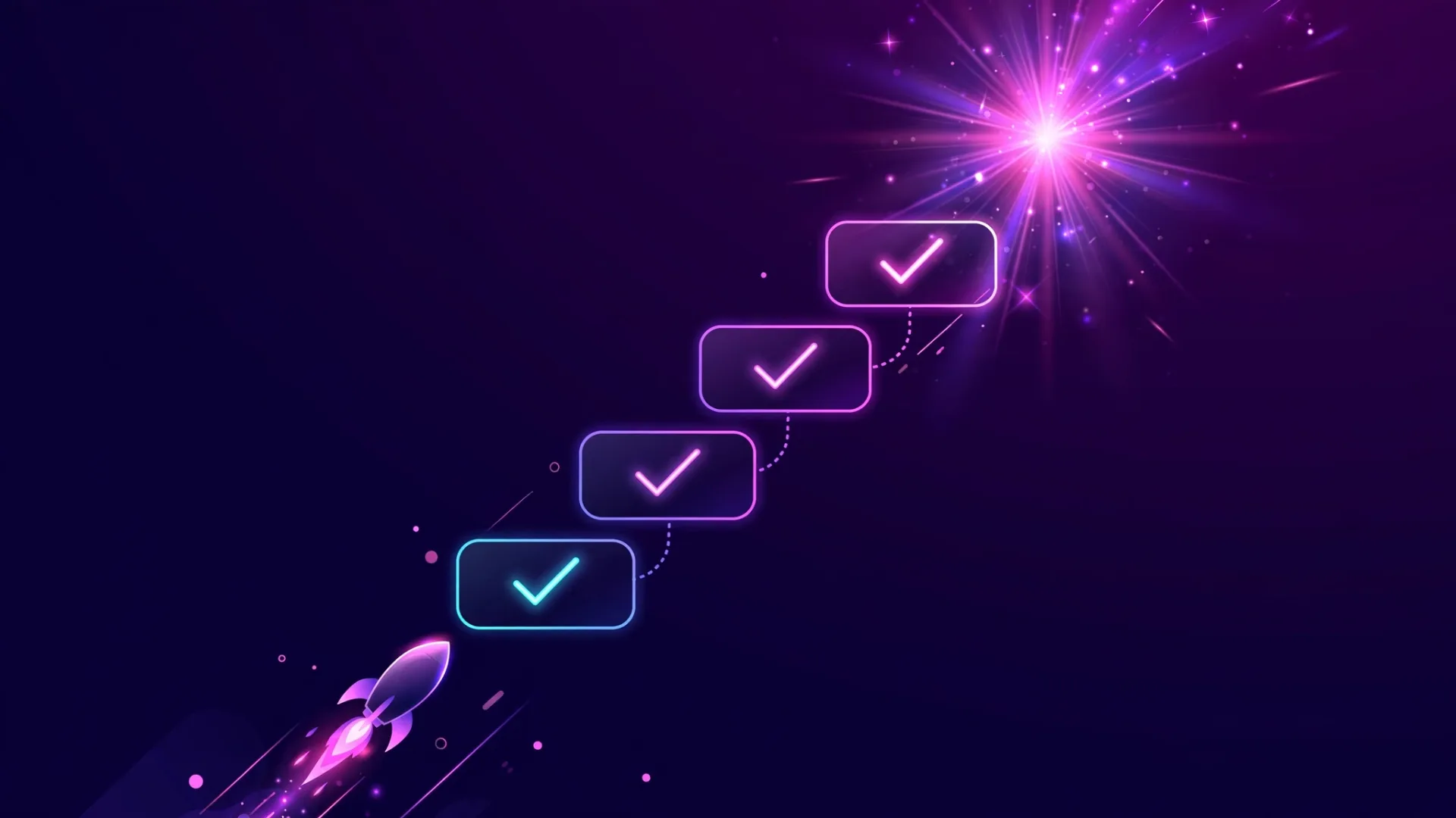 Illustration of a glowing checklist with bright checkmarks beside a small rocket ascending toward a starburst, representing the steps to earn an AI Overview citation.