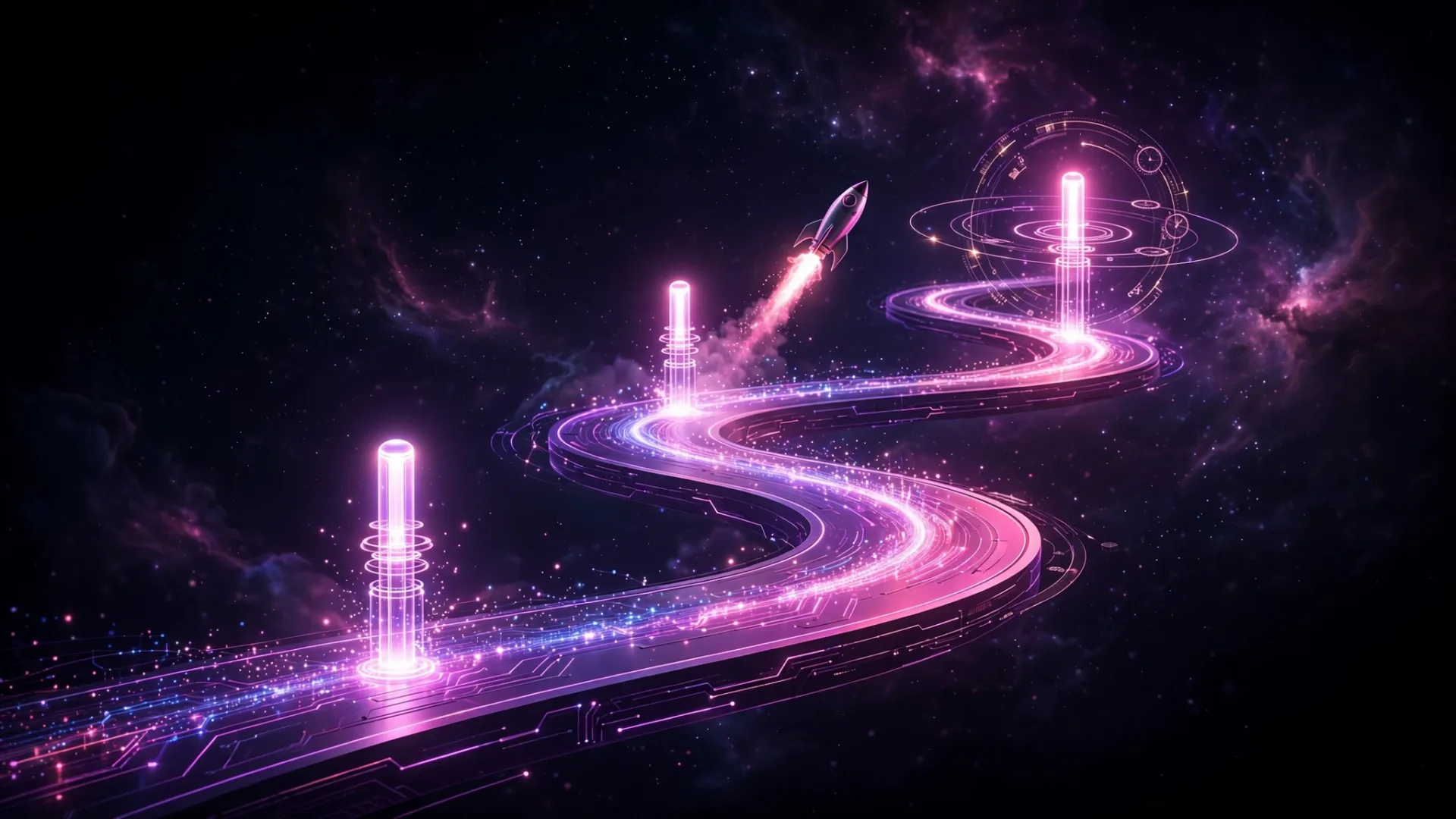 Glowing roadmap through space with three milestone beacons and a rocket launch, symbolizing the phased UAE e-invoicing rollout timeline