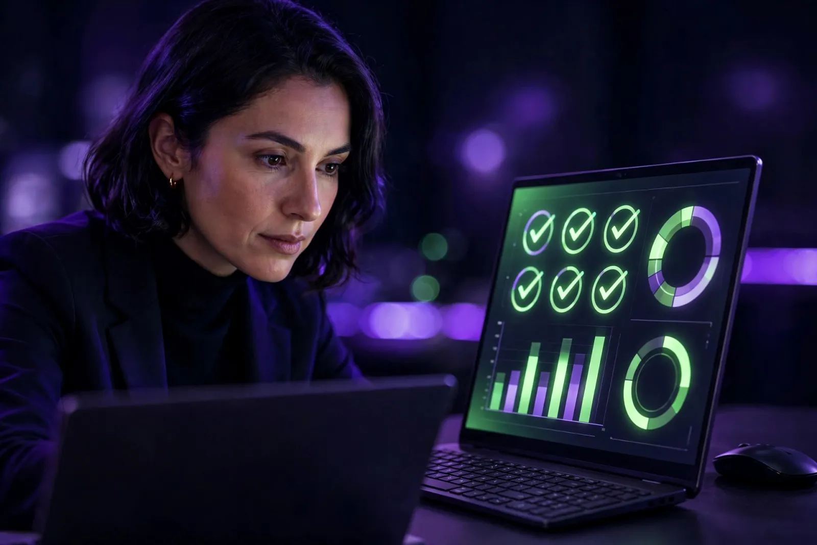 A professional woman in a dark modern office reviewing a website accessibility audit dashboard with green confirmation indica