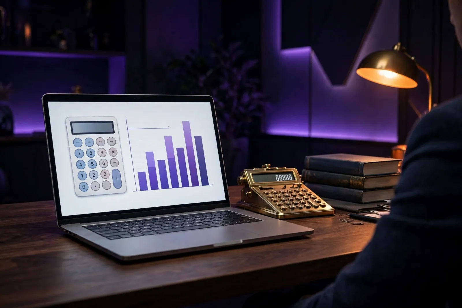 Over-the-shoulder view of a laptop displaying an elegant CPA website with financial charts on a walnut desk beside a calculat