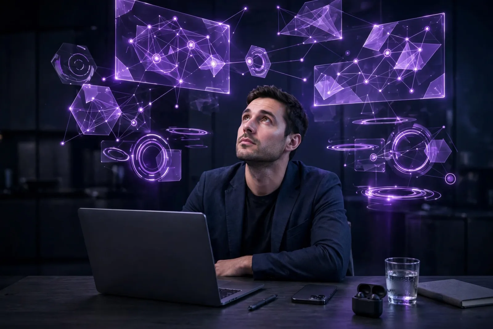 A marketing strategist at a dark desk with laptop and smartphone, looking up at glowing translucent panels showing brand node
