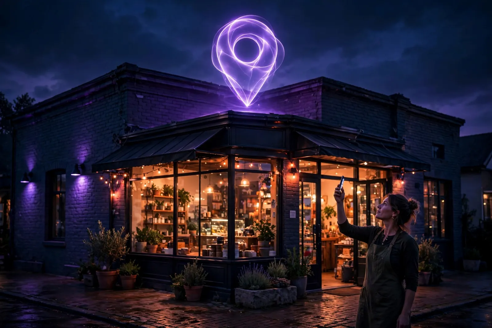 A charming American local business storefront at dusk with warm glowing windows, a shop owner holding a smartphone while a gl