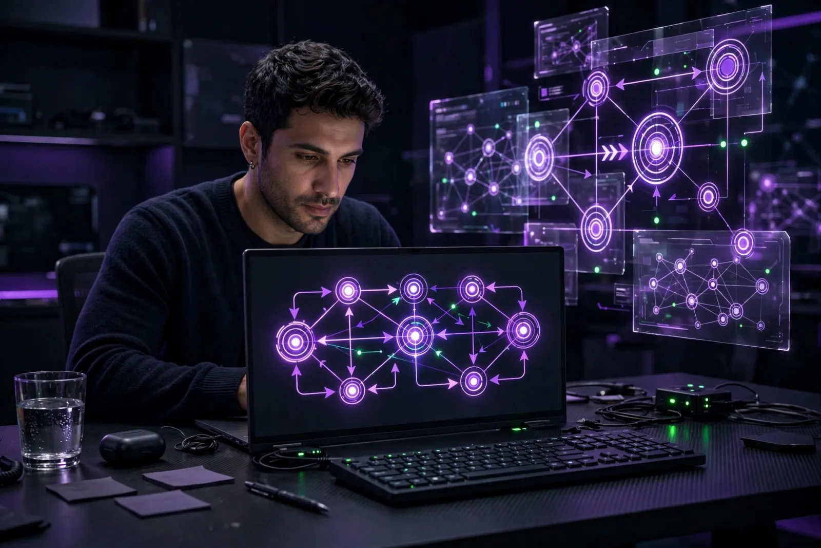 A marketing operations specialist at a dark desk, laptop glowing with an automation workflow of connected nodes and floating 