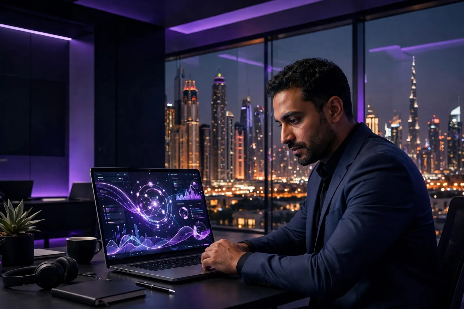 A Middle Eastern business professional reviewing a glowing financial dashboard on a laptop in a Dubai office at dusk, city sk