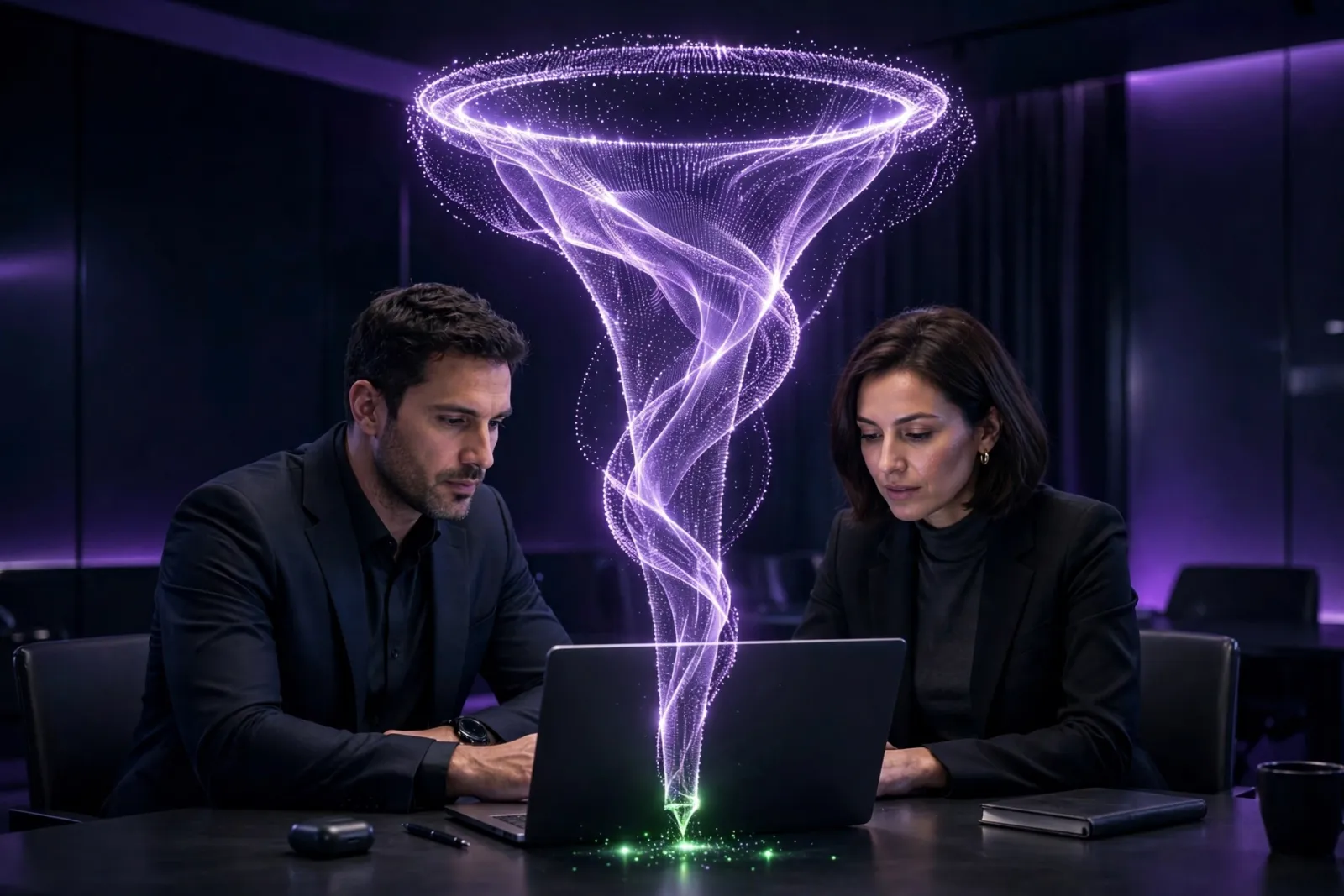 Two executives reviewing a laptop in a dark boardroom beneath a glowing holographic funnel pipeline of light particles flowin