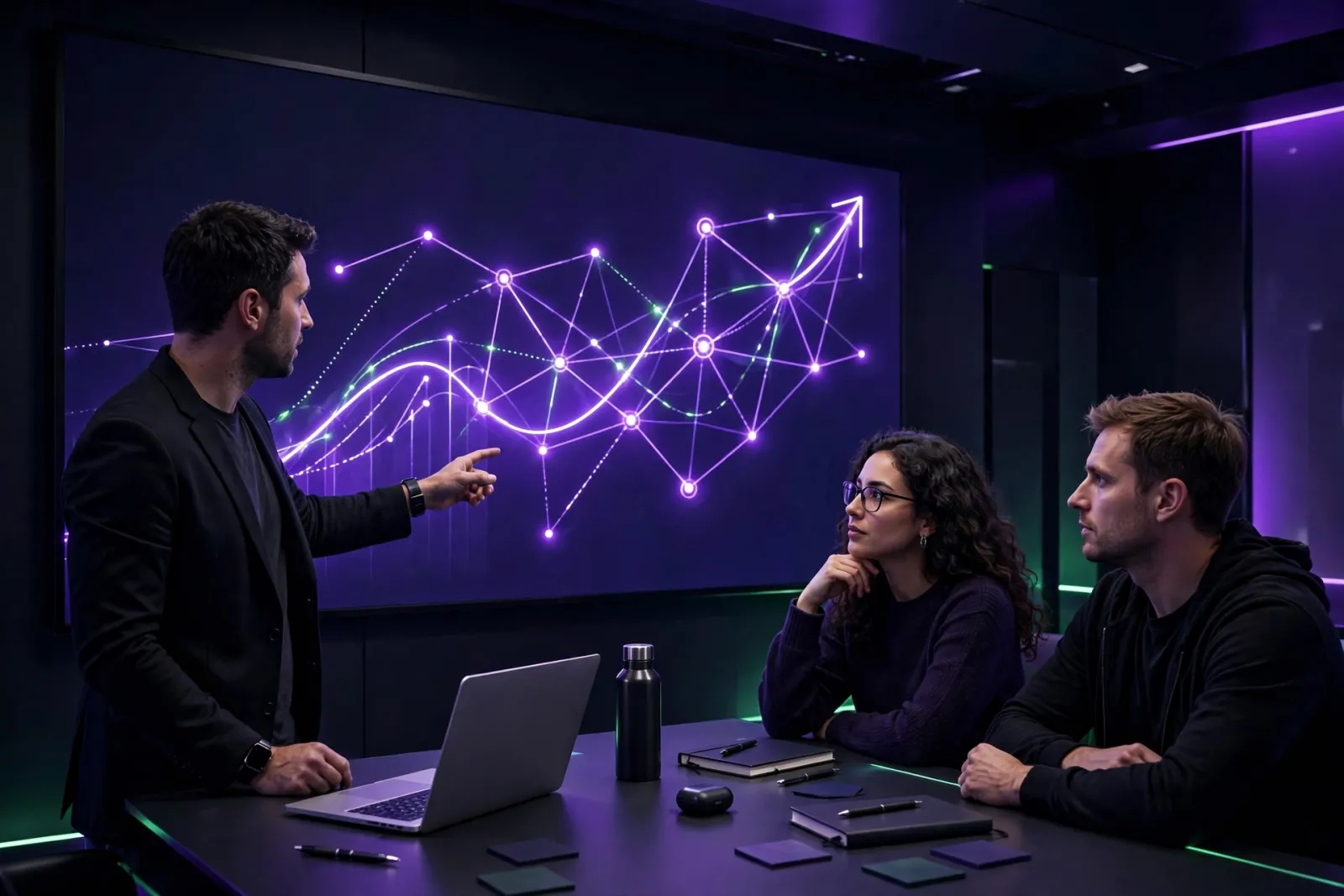 An SEO strategist presenting to colleagues in a dark agency office, a wall display glowing with an upward-trending strategy g