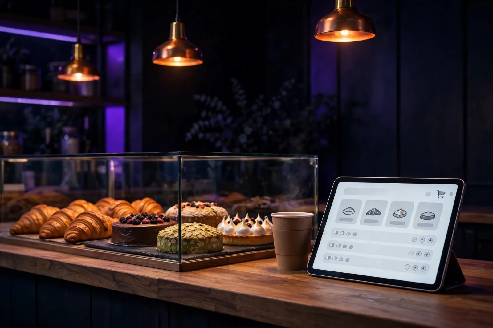 An artisan bakery cafe counter at evening with a pastry display, a tablet showing an online ordering screen on the wooden cou