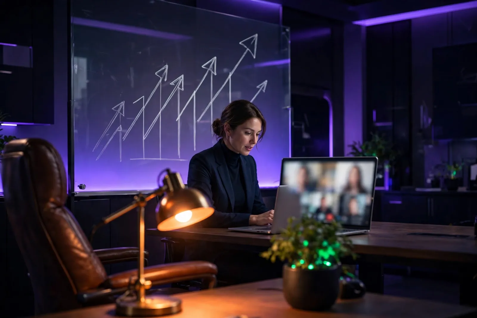 Executive video-call setup with a laptop showing a blurred coaching session and a glass whiteboard with rising arrow diagrams