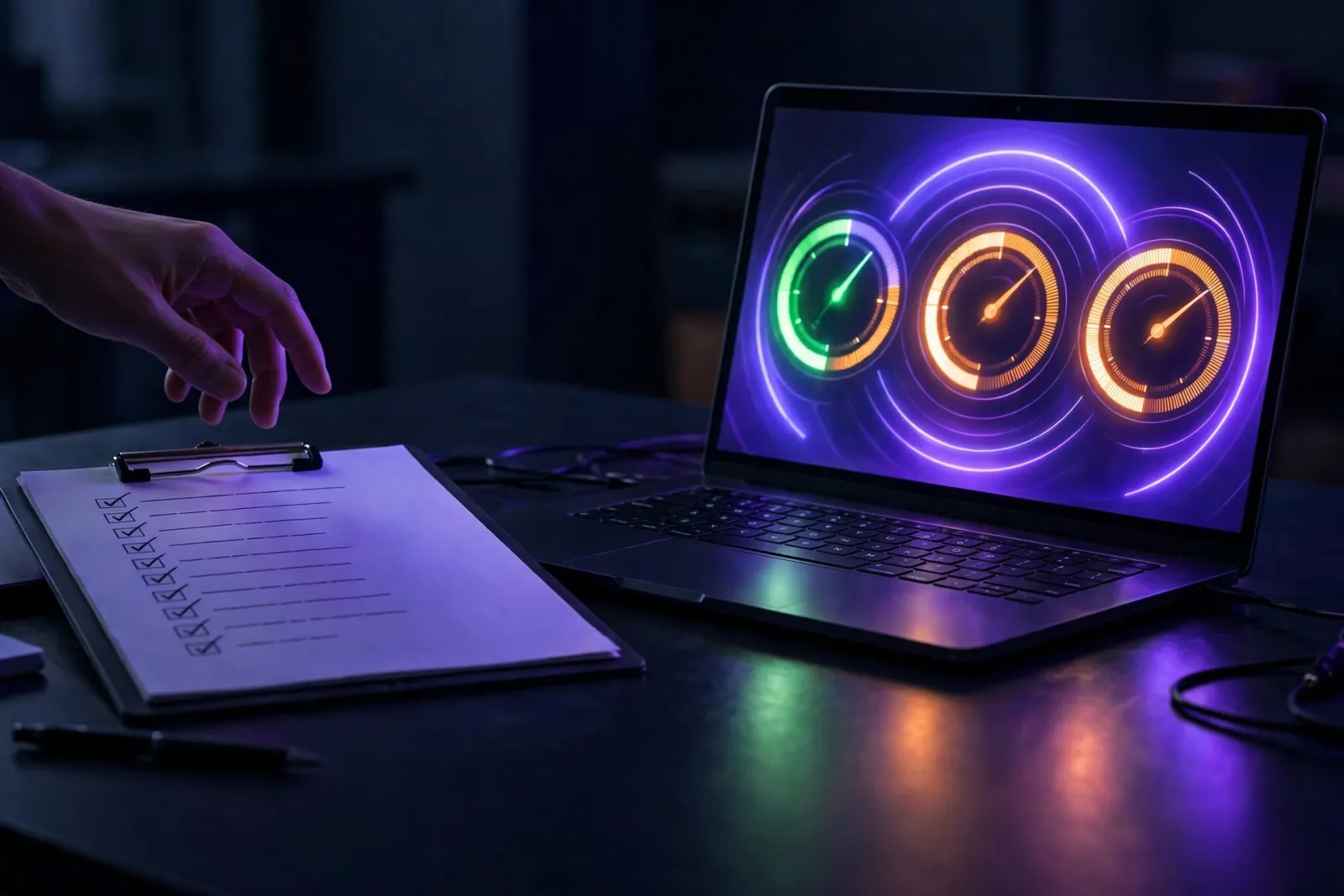 Laptop showing a website performance dashboard with glowing speed-gauge dials beside a clipboard checklist with checked boxes