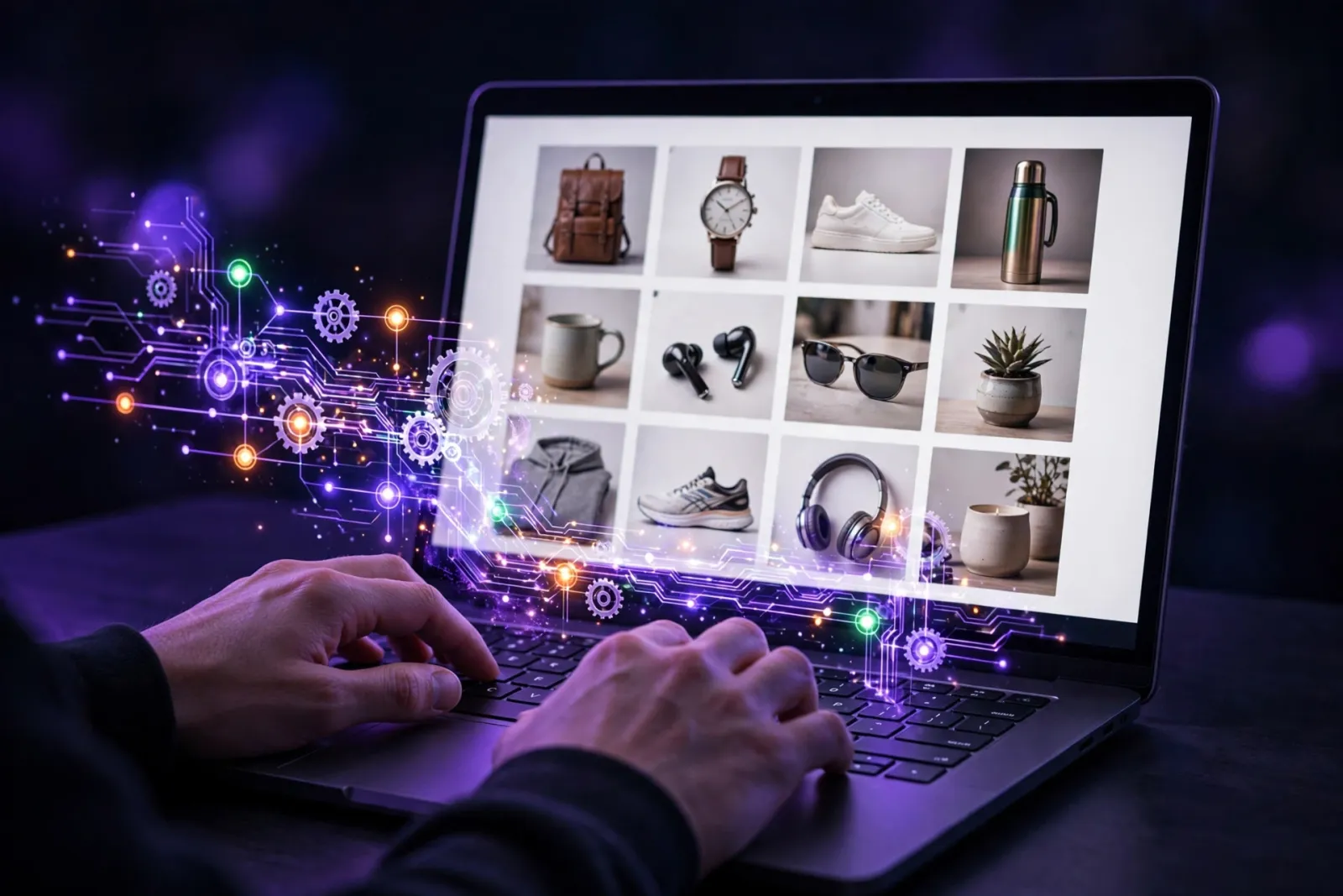 Hands typing on a laptop showing a grid of ecommerce product pages, with glowing connected automation nodes above the keyboar