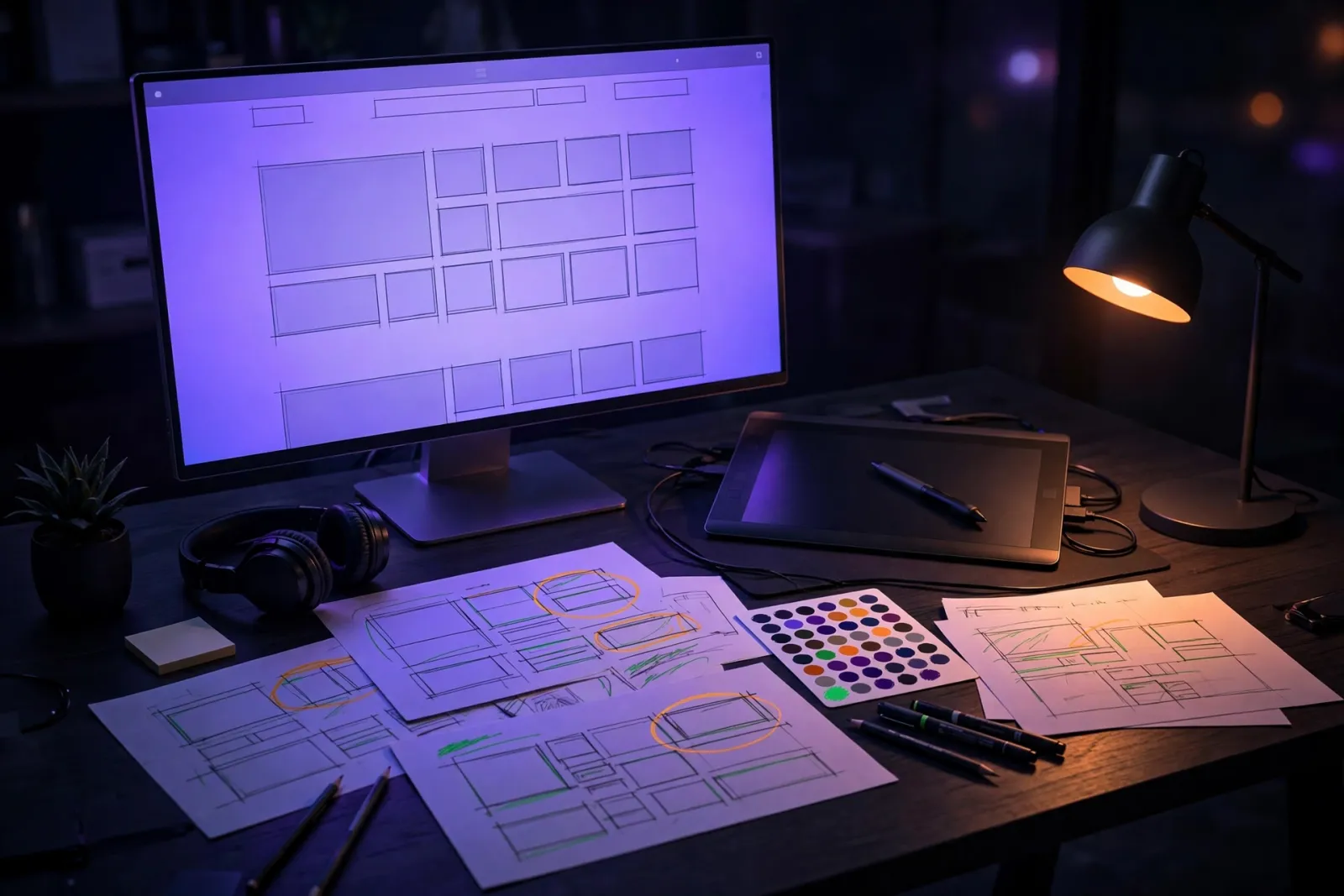Night-time designer's desk with a large monitor showing a website wireframe, drawing tablet, layout sketches, and color swatc