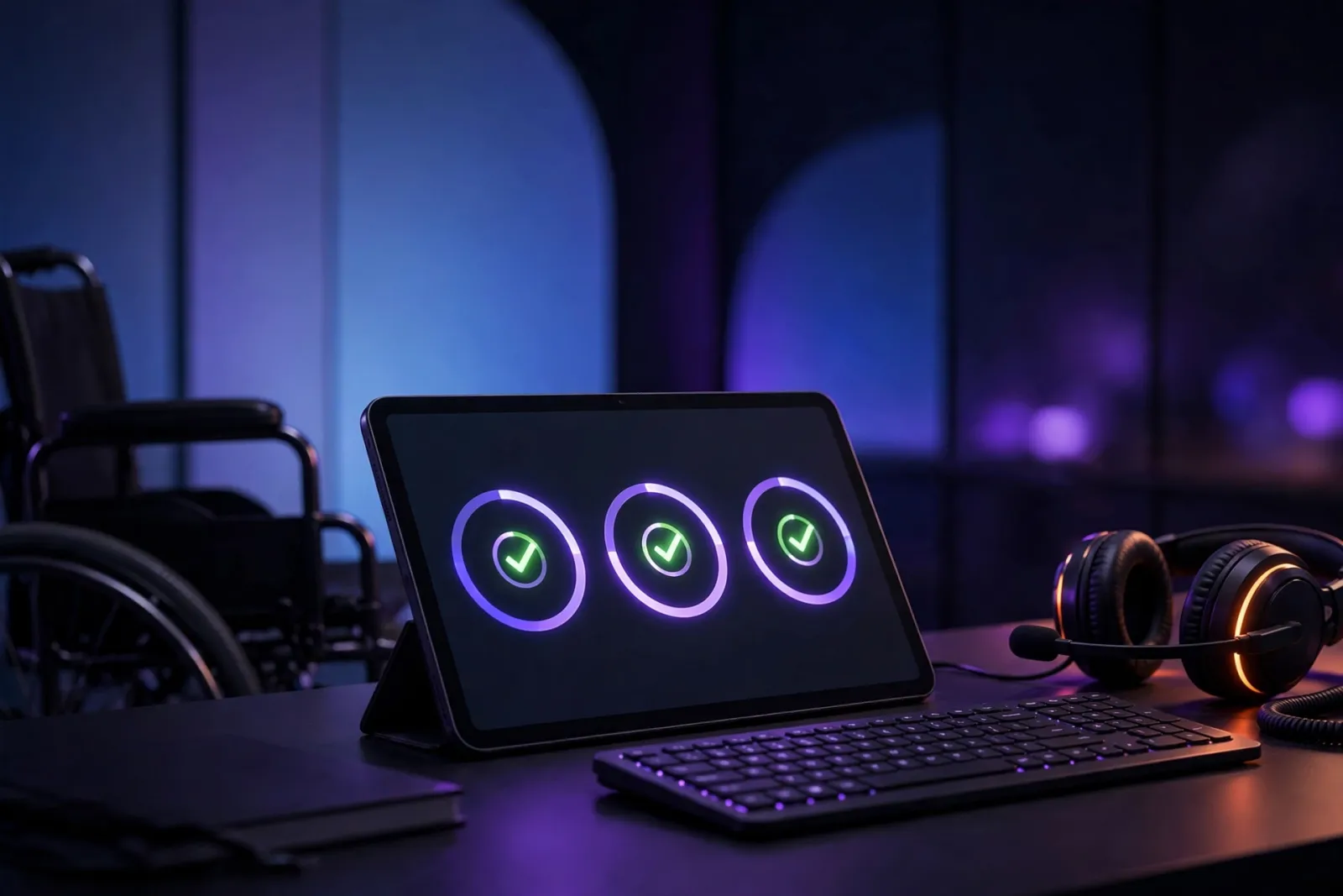 Tablet showing an accessibility checker dashboard with compliance checkmarks and progress rings on a desk with a European-blu