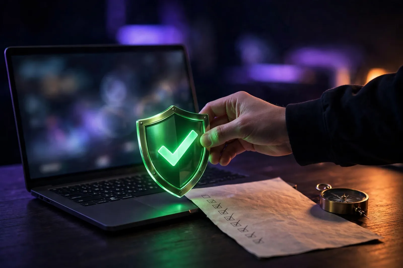 Hand placing a glowing green checkmark shield badge on a laptop showing an audit screen, with a ticked roadmap checklist and 