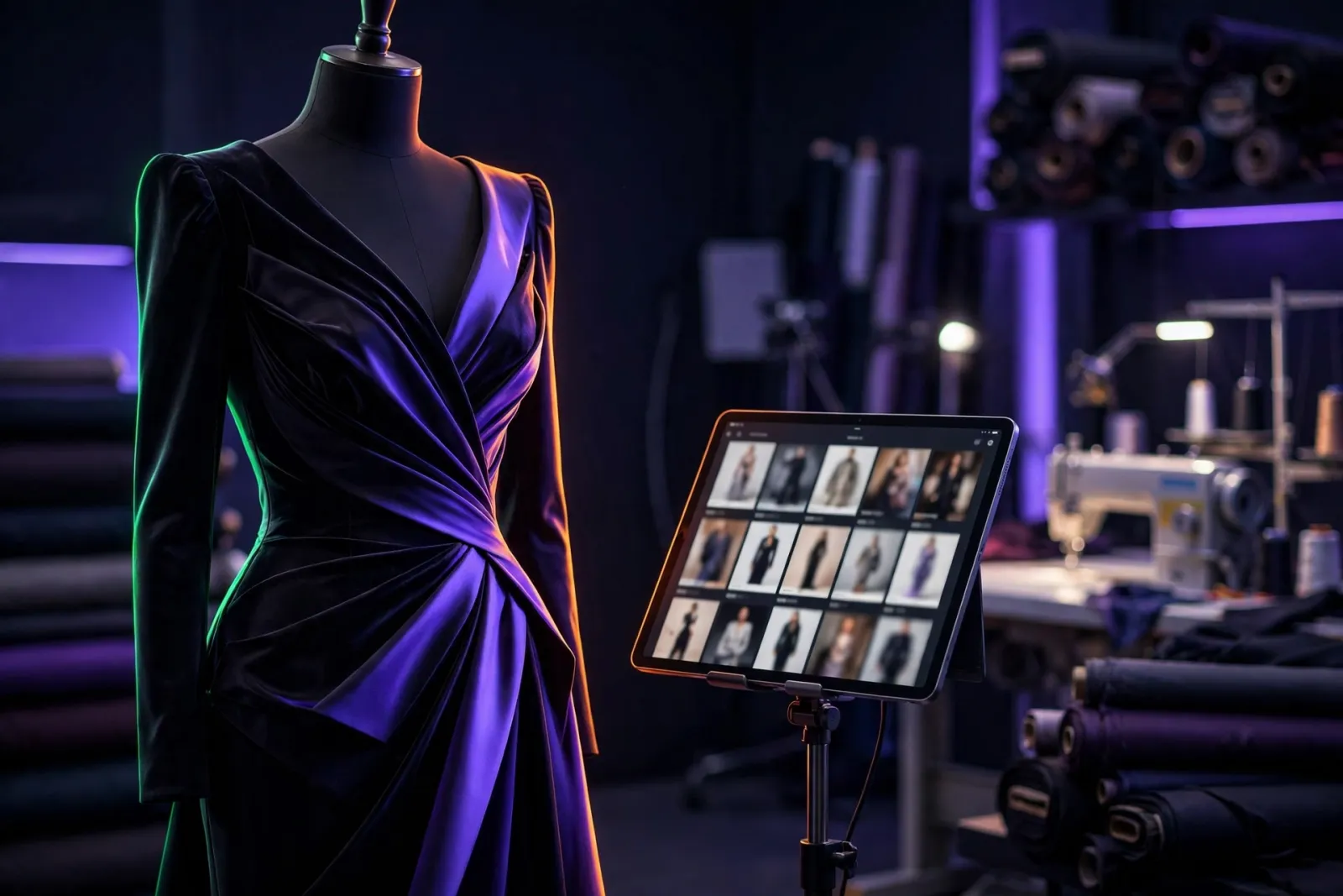 High-end fashion studio with a couture mannequin under dramatic studio lighting and a tablet showing a luxury fashion ecommer