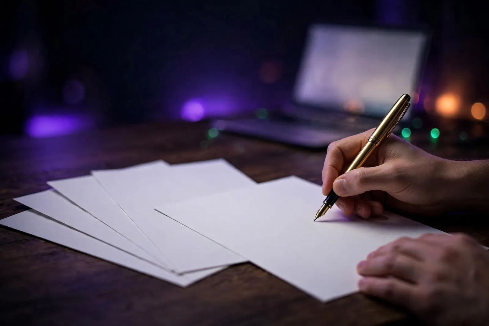 Cinematic close-up of hands signing a web development contract on a dark desk with a fountain pen, three pricing documents fa
