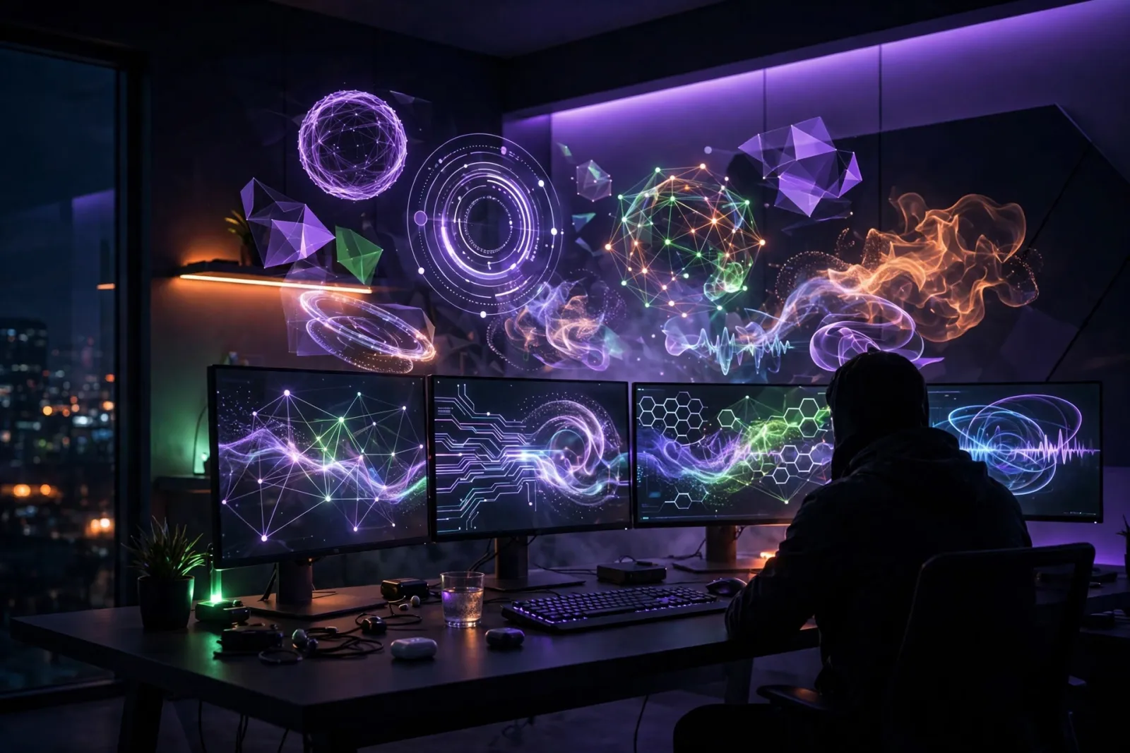A futuristic developer workspace at night with glowing monitors and floating holographic interfaces in violet light, capturin