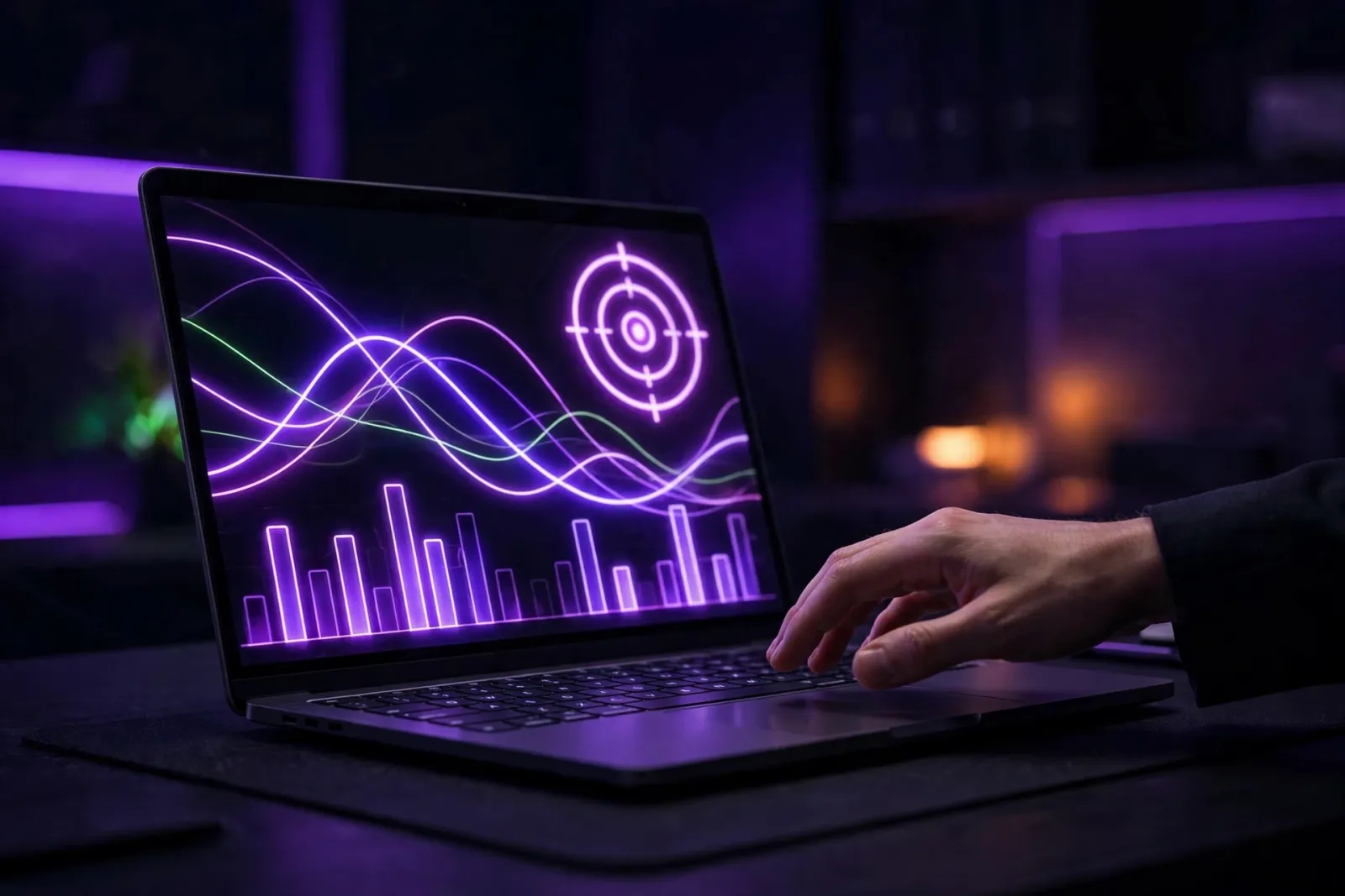A marketer's hand over a laptop showing a glowing ads-analytics dashboard with line graphs and a neon target icon in dark vio