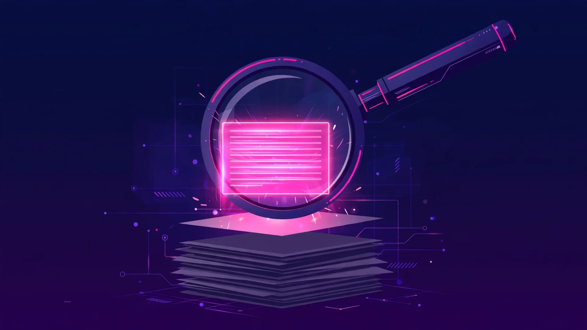 Illustration of a magnifying glass lifting a glowing highlighted paragraph from a stack of documents, showing how AI Overviews select specific passages rather than whole pages.