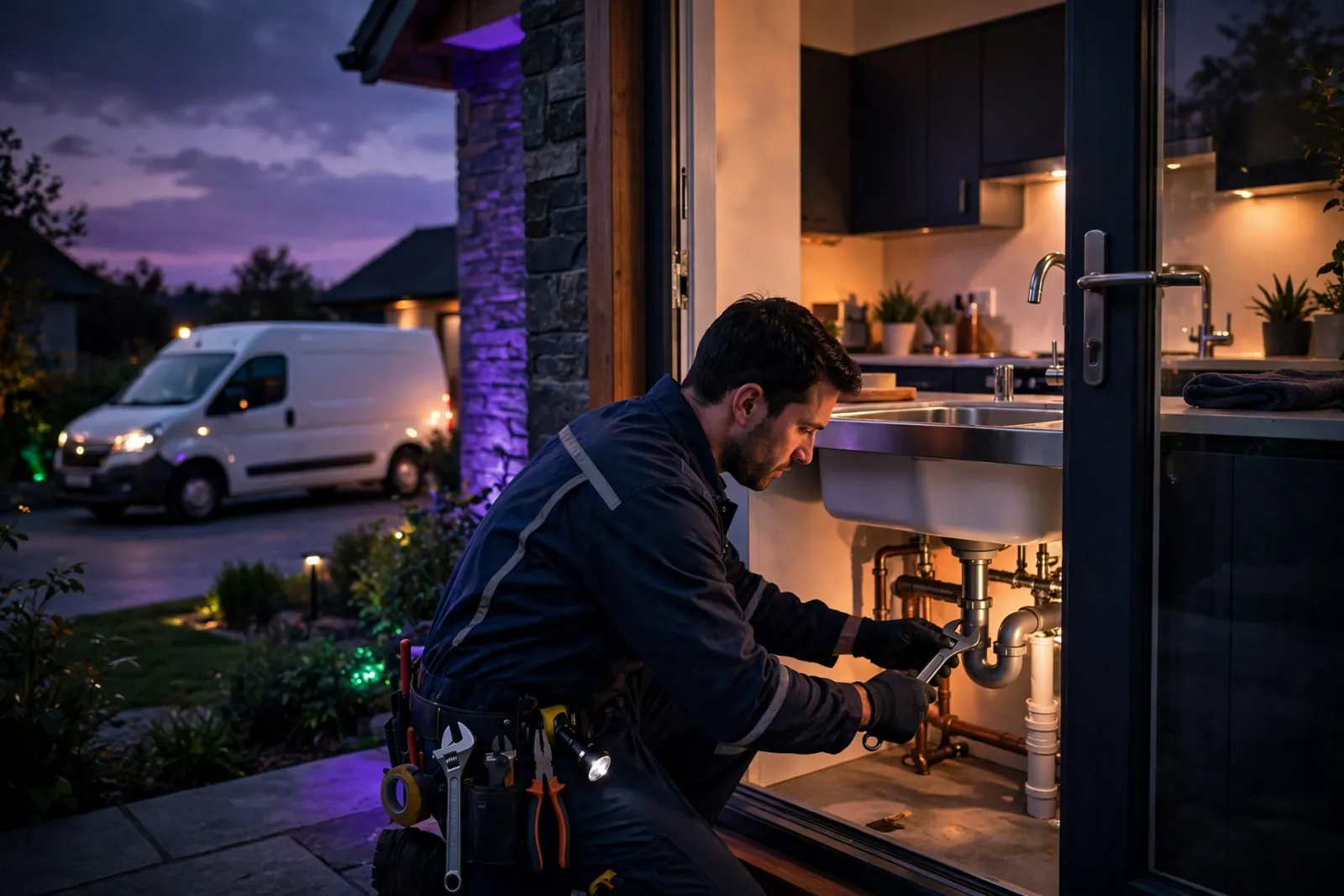 A plumber in uniform repairing a kitchen sink at dusk while a service van glows softly in the driveway, symbolizing home serv